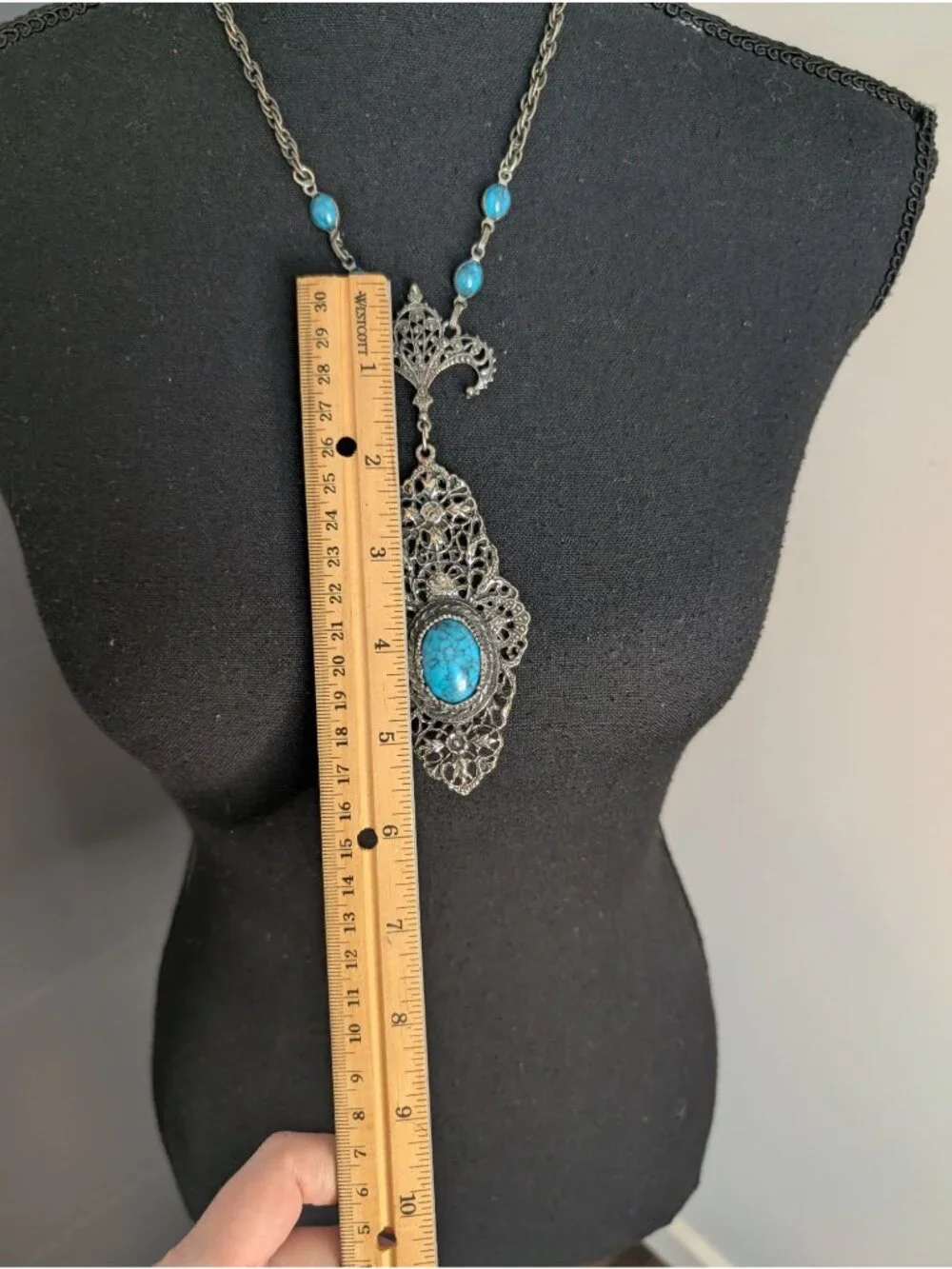 Vintage Silver-Tone Filigree Pendant Necklace With‎ Faux Turquoise Stones